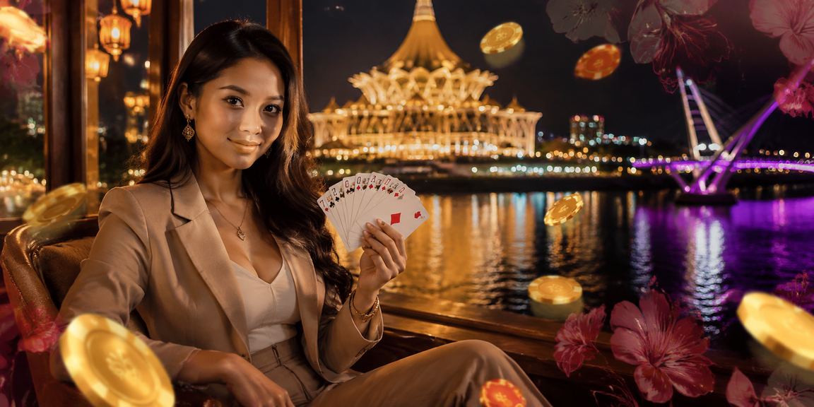 Suasana hiburan digital Kuching dengan elemen kad dan sukan tempatan Malaysia